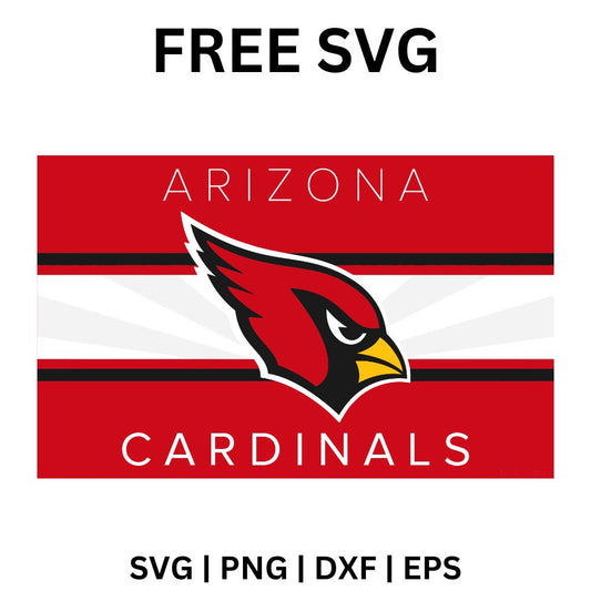 Red and white horizontal striped banner with a cardinal bird head in the center between red lettering above and white lettering below, free striped banner cardinal SVG cut file preview.