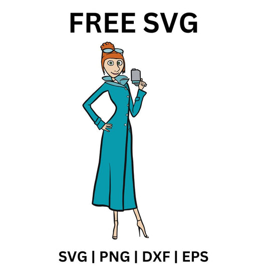 Slim cartoon secret agent woman with red hair in a long teal coat and scarf holding up a gadget, free secret agent SVG cut file preview.