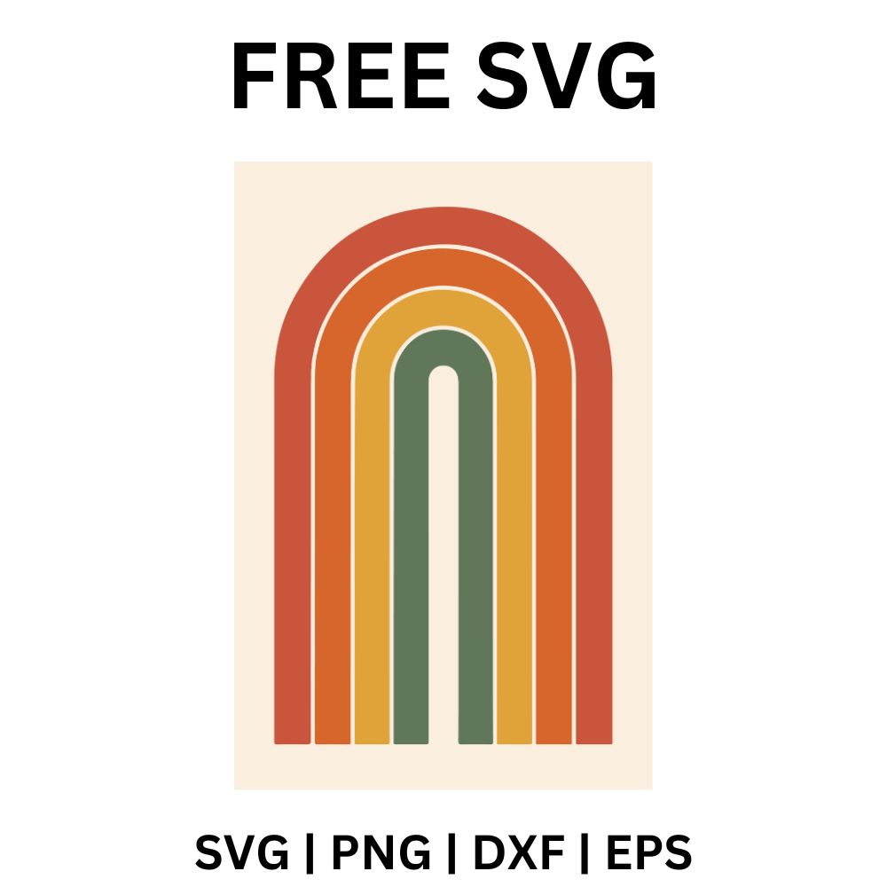 Minimal tall arch rainbow in rust, orange, mustard and sage green bands on a cream rectangle background, free minimalist boho rainbow SVG cut file preview.