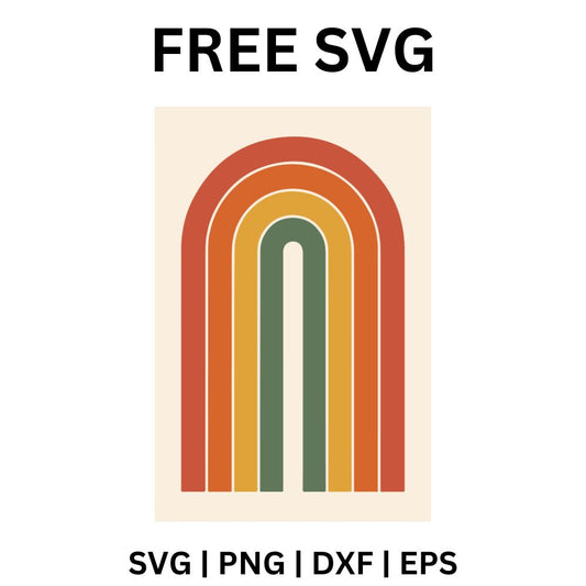 Minimal tall arch rainbow in rust, orange, mustard and sage green bands on a cream rectangle background, free minimalist boho rainbow SVG cut file preview.