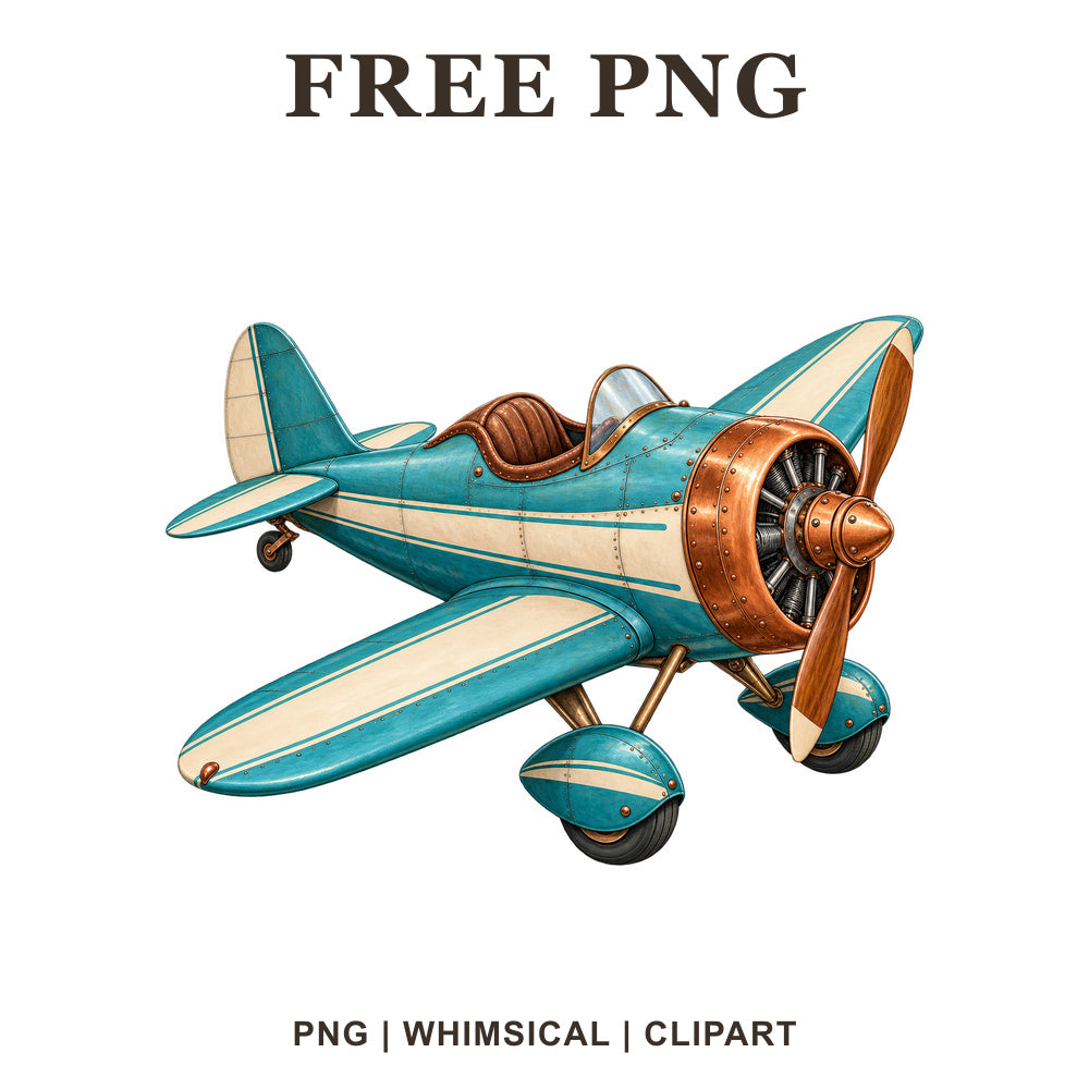 Teal airplane in a retro style, whimsical airplane PNG clipart.