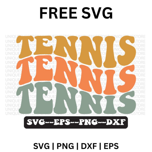 Retro wavy TENNIS word stacked three times in mustard, coral and sage green, free retro tennis SVG cut file preview.