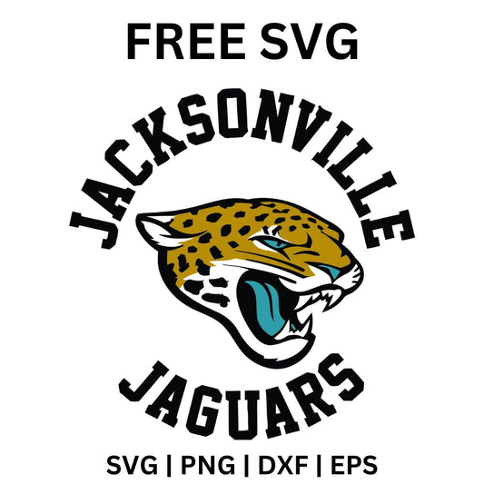 Roaring gold spotted jaguar head with a teal tongue framed by arched black city name lettering above and team name lettering below, free jaguar head football SVG cut file preview.