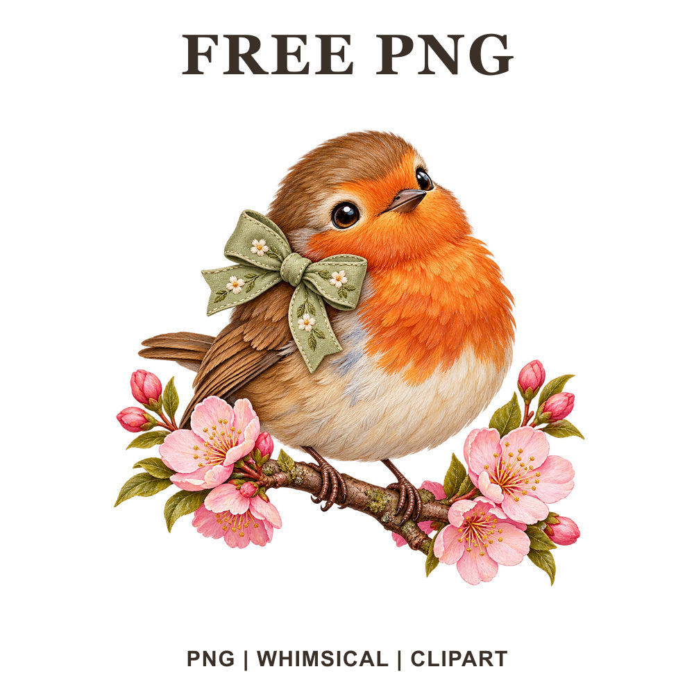 Round orange robin with a sage green bow perched on a pink cherry blossom branch, free robin bird PNG