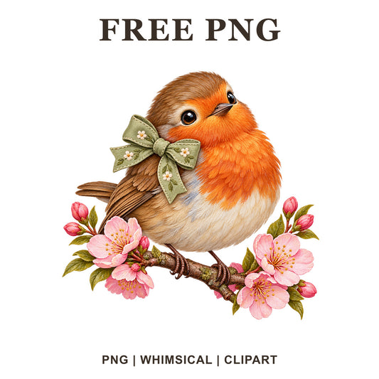 Round orange robin with a sage green bow perched on a pink cherry blossom branch, free robin bird PNG