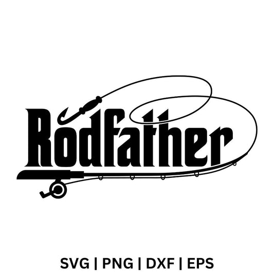 Black bold Rodfather text with a curved fishing rod, reel and hook wrapping around it, free fathers day fishing SVG cut file preview.