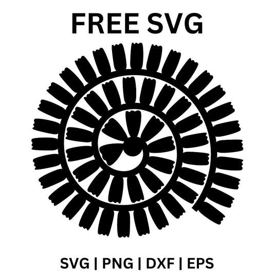 Black spiral strip lined with rounded petal fringes that rolls up into a paper flower, free rolled paper flower template SVG cut file preview.