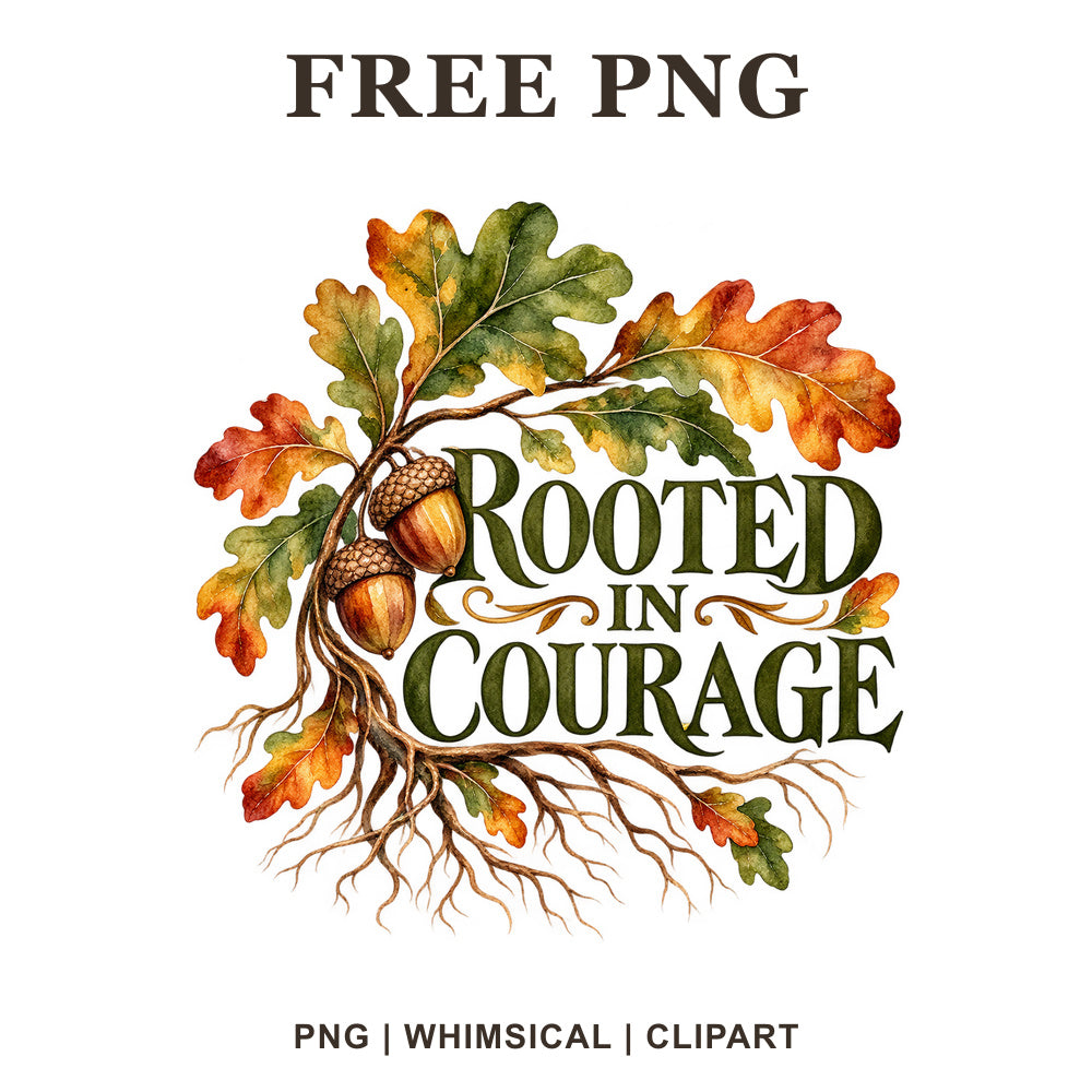 Rooted In Courage dark green vintage lettering surrounded by autumn oak leaves, two acorns and tree roots, free motivational PNG clipart preview.