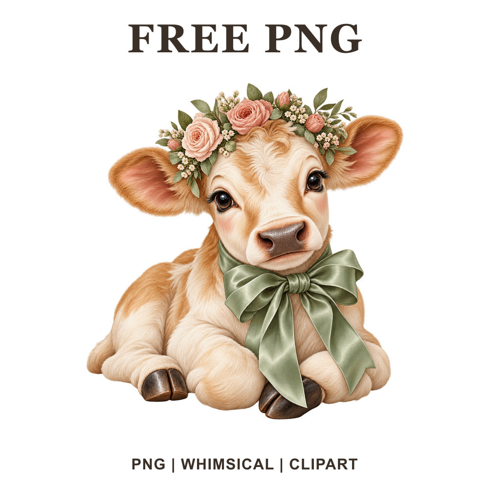 Cow with garden roses, whimsical floral cow PNG clipart.