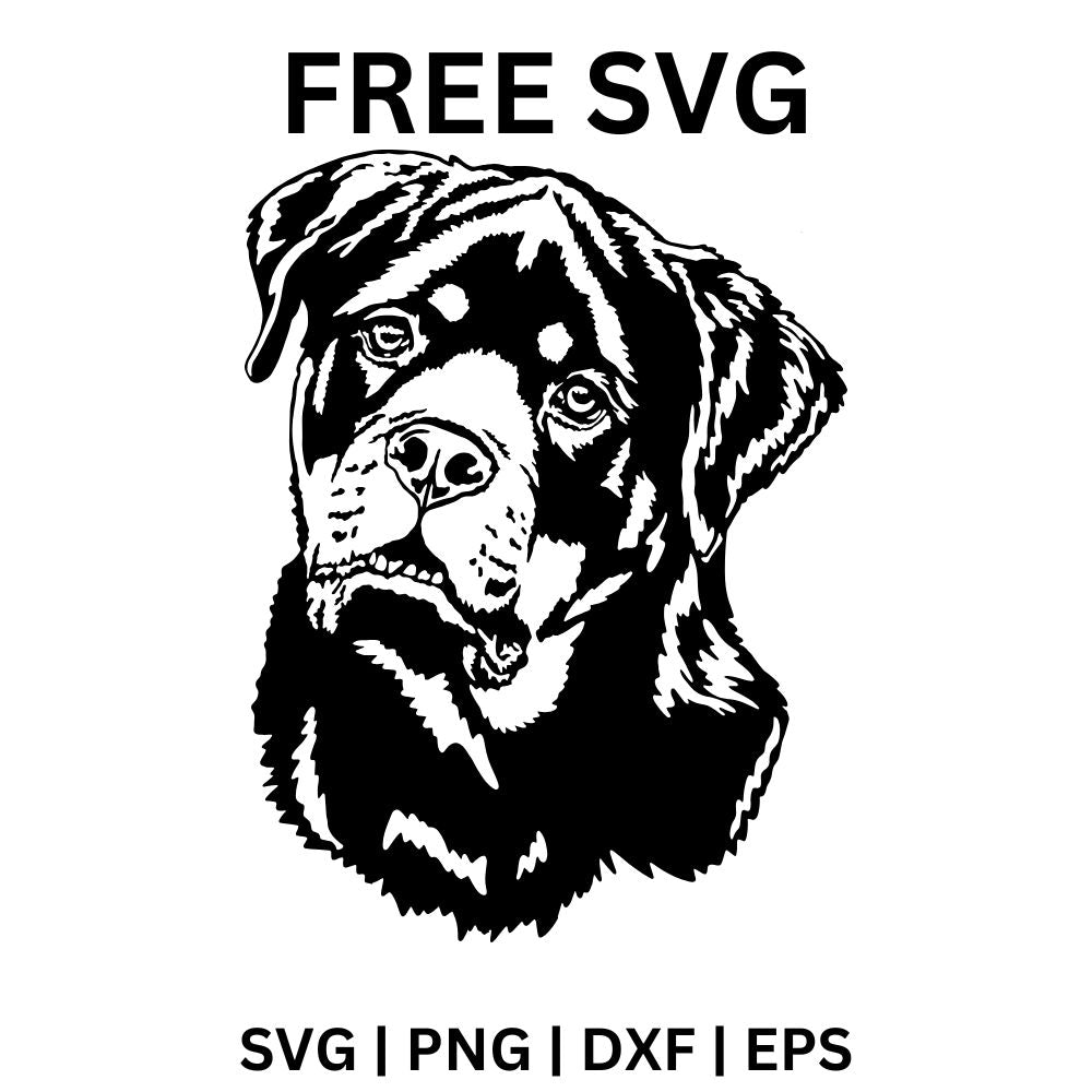 Detailed black and white rottweiler head portrait with a slight head tilt and soft eyes, free rottweiler dog SVG cut file preview.