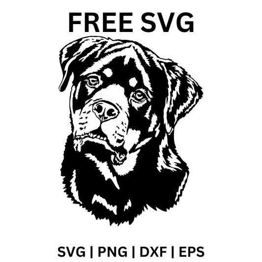 Detailed black and white rottweiler head portrait with a slight head tilt and soft eyes, free rottweiler dog SVG cut file preview.