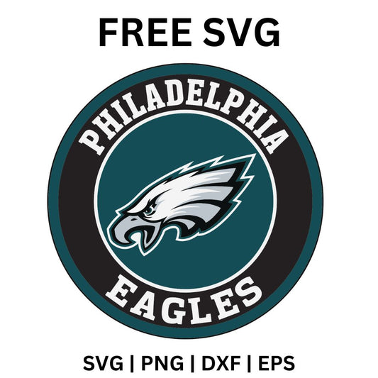 Round black ring emblem with curved white city and team lettering around a white eagle head on a green center, free eagle emblem SVG cut file preview.