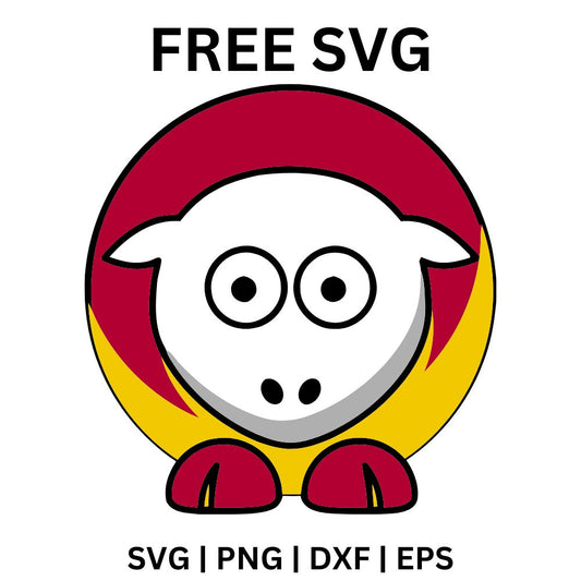 Round cartoon sheep with a white face, big eyes, red and yellow striped wool and red hooves, free cartoon sheep mascot SVG cut file preview.