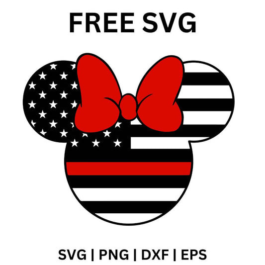 Round eared head shape with a large red bow filled with a black and white American flag pattern and a single thin red stripe, free red bow thin red line flag SVG cut file preview.