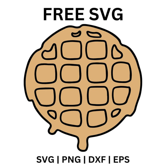 Round golden tan waffle with a deep square grid pattern and a scalloped wavy edge, free breakfast waffle SVG cut file preview.