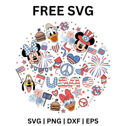 Round red white and blue collage of cartoon mice, duck and dog characters with flags, fireworks, stars and USA lettering, free patriotic Fourth of July SVG cut file preview.
