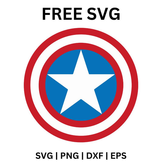 Round shield emblem with red and white concentric rings around a blue center holding a large white star, free star shield emblem SVG cut file preview.