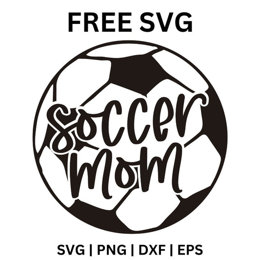 Round soccer ball outline framing hand lettered Soccer Mom script in the center, free soccer mom SVG cut file preview.