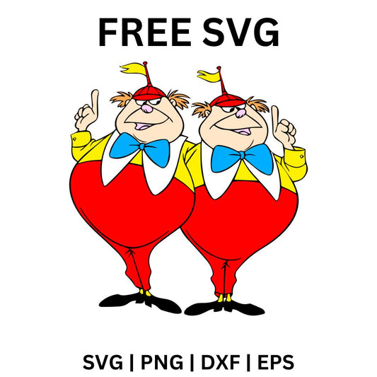 Round cartoon twin boys in matching red trousers, yellow shirts and blue bow ties standing side by side with one finger raised, free twin boys SVG cut file preview.