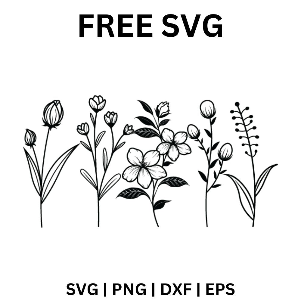 Black line art row of tall wildflower stems with tulip buds, open blooms, leaves and a seed sprig, free wildflower SVG cut file preview.