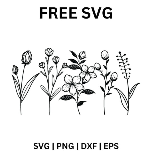 Black line art row of tall wildflower stems with tulip buds, open blooms, leaves and a seed sprig, free wildflower SVG cut file preview.
