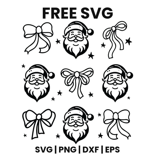 Three by three grid of line art smiling Santa faces alternating with coquette ribbon bows and small stars, black version, free Christmas pattern SVG cut file preview.