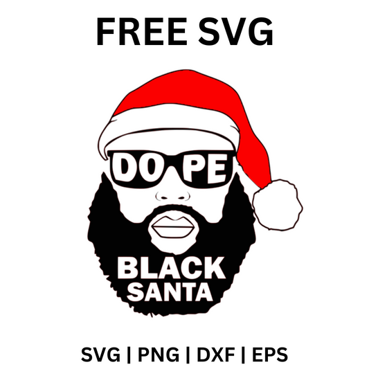 Man with a full beard and sunglasses wearing a red Santa hat with a white pom pom, with bold white lettering on black, free Santa face Christmas SVG cut file preview.