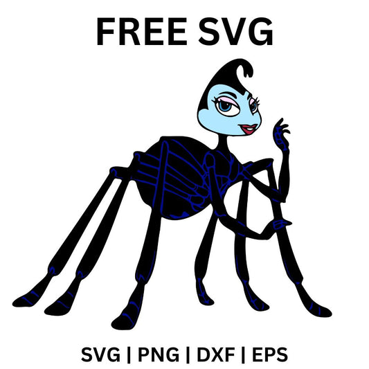 Sassy cartoon navy spider lady with big eyes and a round body standing tall on long thin legs, free cartoon spider SVG cut file preview.