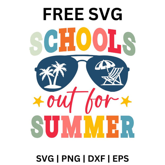Multicolor Schools Out For Summer lettering with navy aviator sunglasses showing palm trees and a beach chair with umbrella, plus yellow stars, free schools out for summer SVG cut file preview.