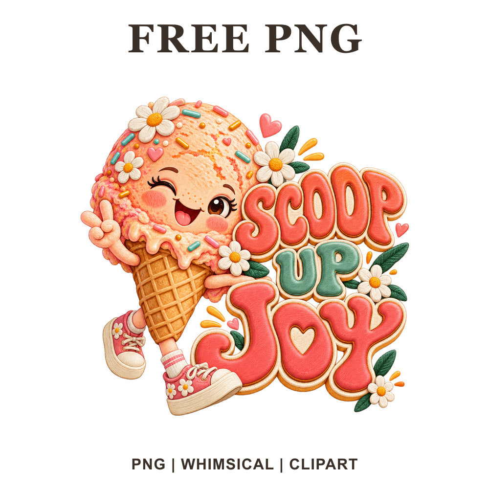 Cute winking ice cream cone character with daisies and sprinkles hugging Scoop Up Joy lettering, free PNG