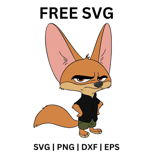 Scowling little fennec fox with giant ears in a black tank top and green shorts standing with an attitude, free fennec fox SVG cut file preview.