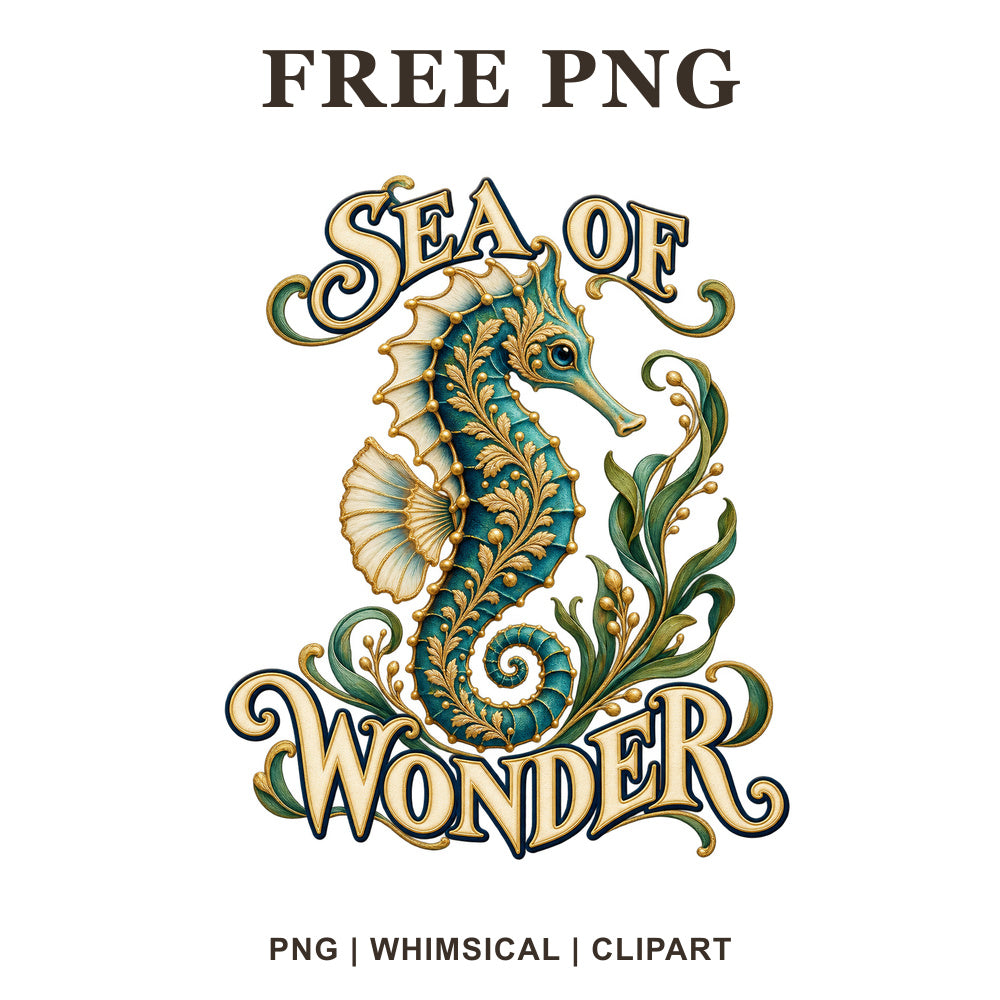 Ornate green and gold seahorse with swirling seaweed beneath Sea of Wonder vintage lettering, free seahorse PNG