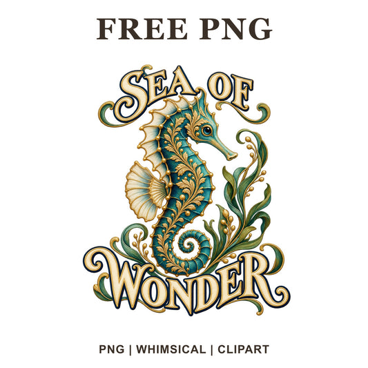 Ornate green and gold seahorse with swirling seaweed beneath Sea of Wonder vintage lettering, free seahorse PNG