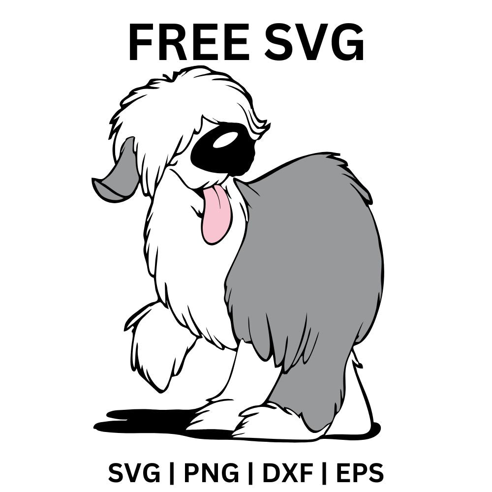 Happy shaggy gray and white cartoon sheepdog with fur over its eyes and its pink tongue hanging out, free cartoon sheepdog SVG cut file preview.