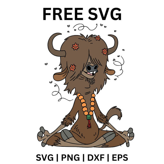 Shaggy brown cartoon yak with horns and bead necklaces meditating cross legged with a calm expression, free meditating yak SVG cut file preview.
