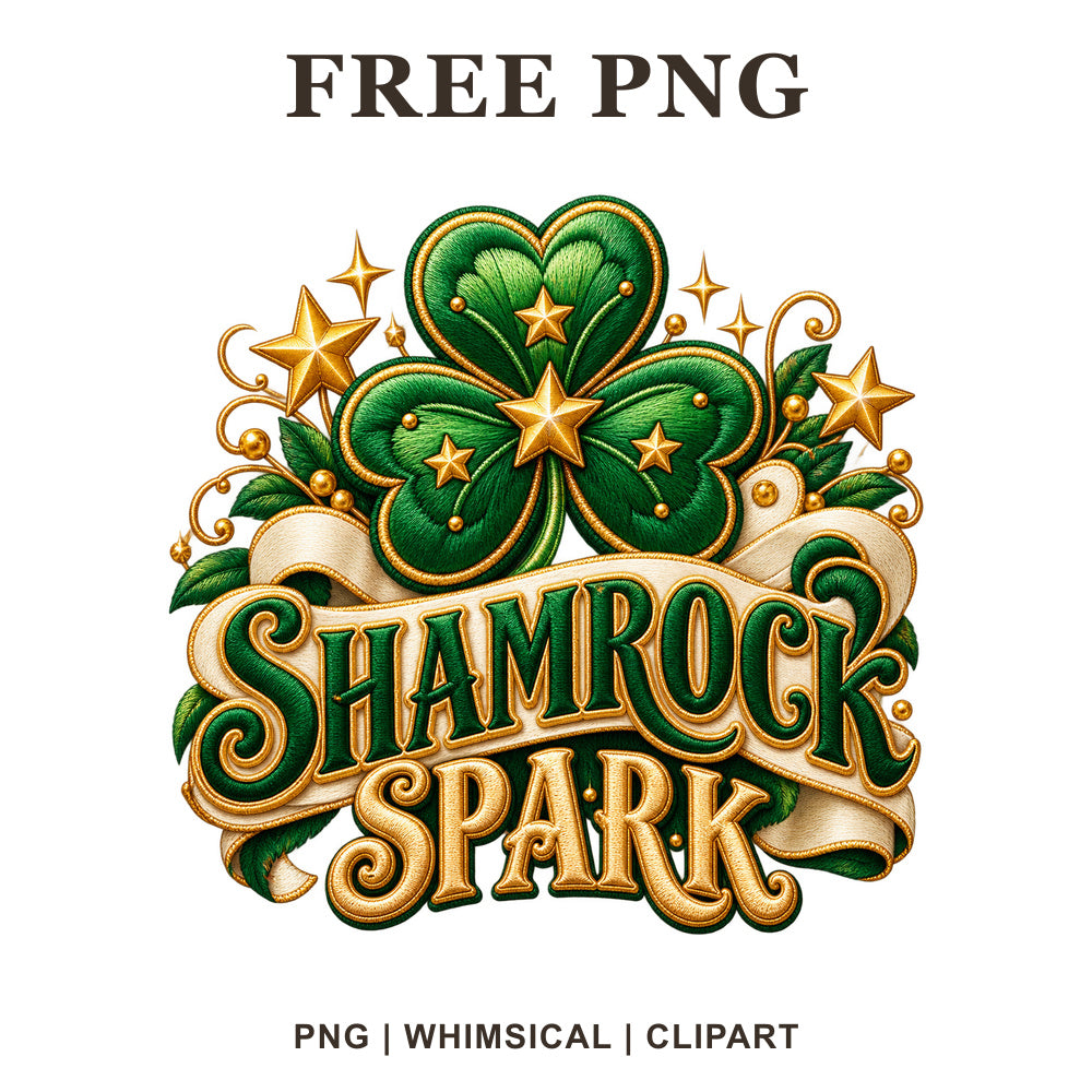 Green shamrock with gold stars above Shamrock Spark gold lettering on a cream banner, free St Patrick's Day PNG
