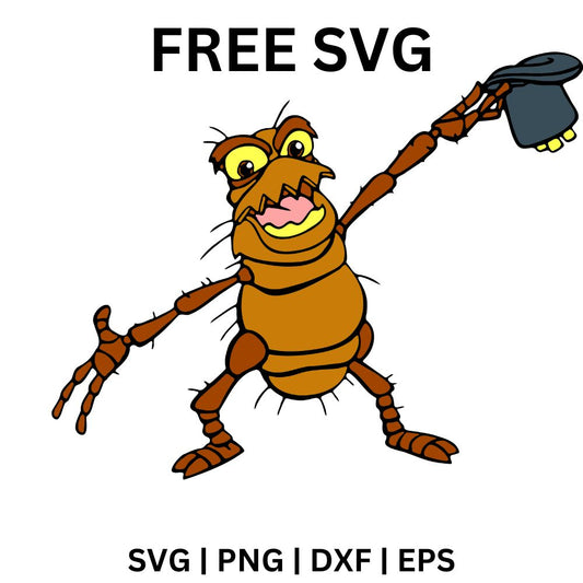 Cheerful brown cartoon cockroach showman striking a pose while tipping a black top hat in the air, free cartoon bug SVG cut file preview.