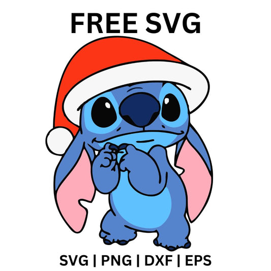 Shy blue alien creature in a big red Santa hat holding its paws together near its chin, free Christmas alien SVG cut file preview.