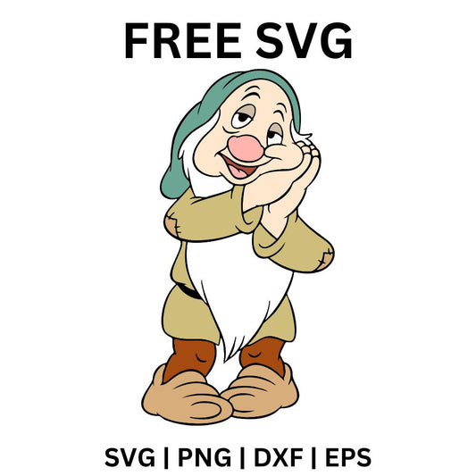 Shy blushing cartoon dwarf with a long white beard and red cheeks resting his hands by his face, free cartoon dwarf SVG cut file preview.