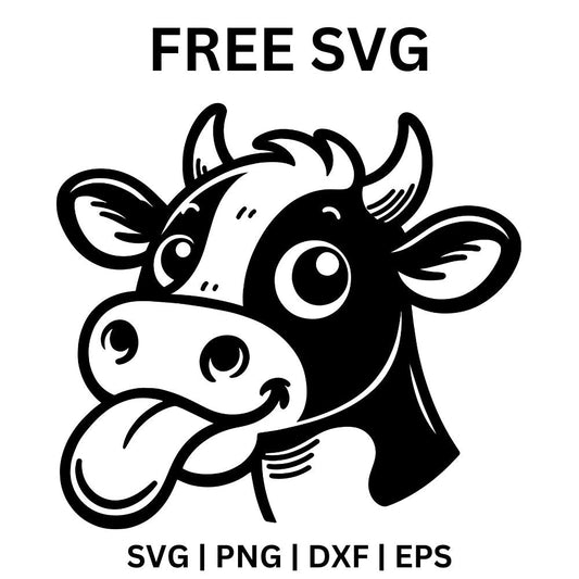 Silly cartoon cow head with horns, big eyes and a long tongue sticking out of a grinning mouth, free funny cow SVG cut file preview.