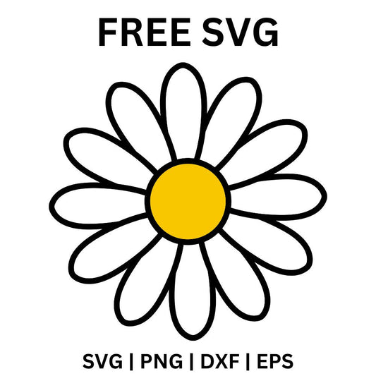 Single white daisy with rounded petals in a bold black outline around a bright yellow center, free daisy flower SVG cut file preview.