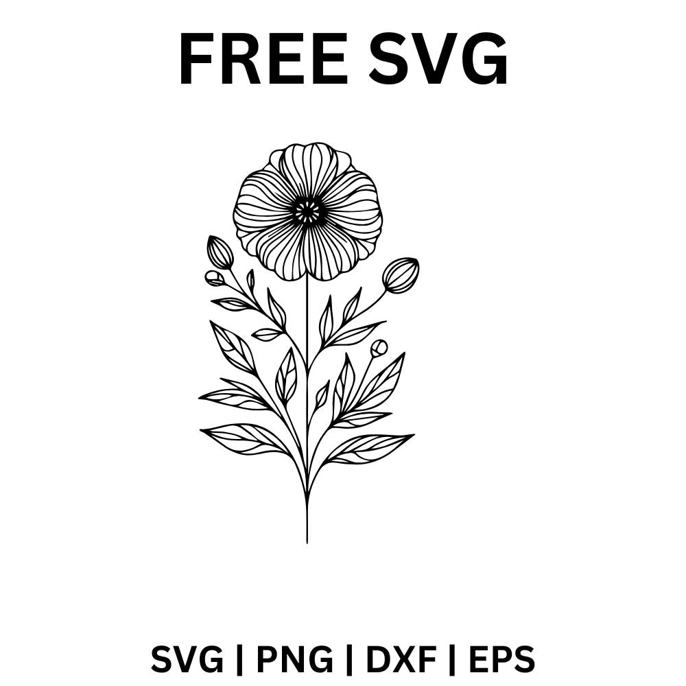 Black line art wildflower with one open bloom on a tall stem, two small buds and pointed leaves, free wildflower SVG cut file preview.