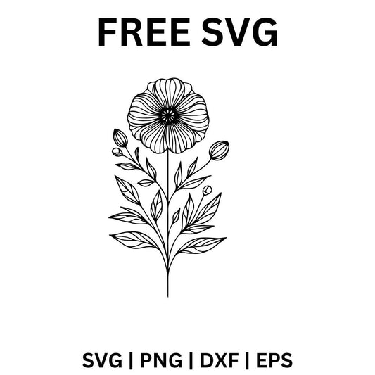 Black line art wildflower with one open bloom on a tall stem, two small buds and pointed leaves, free wildflower SVG cut file preview.