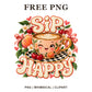 Winking latte art coffee cup with cherries, peaches, pink bows and Sip Happy retro lettering, free coffee PNG