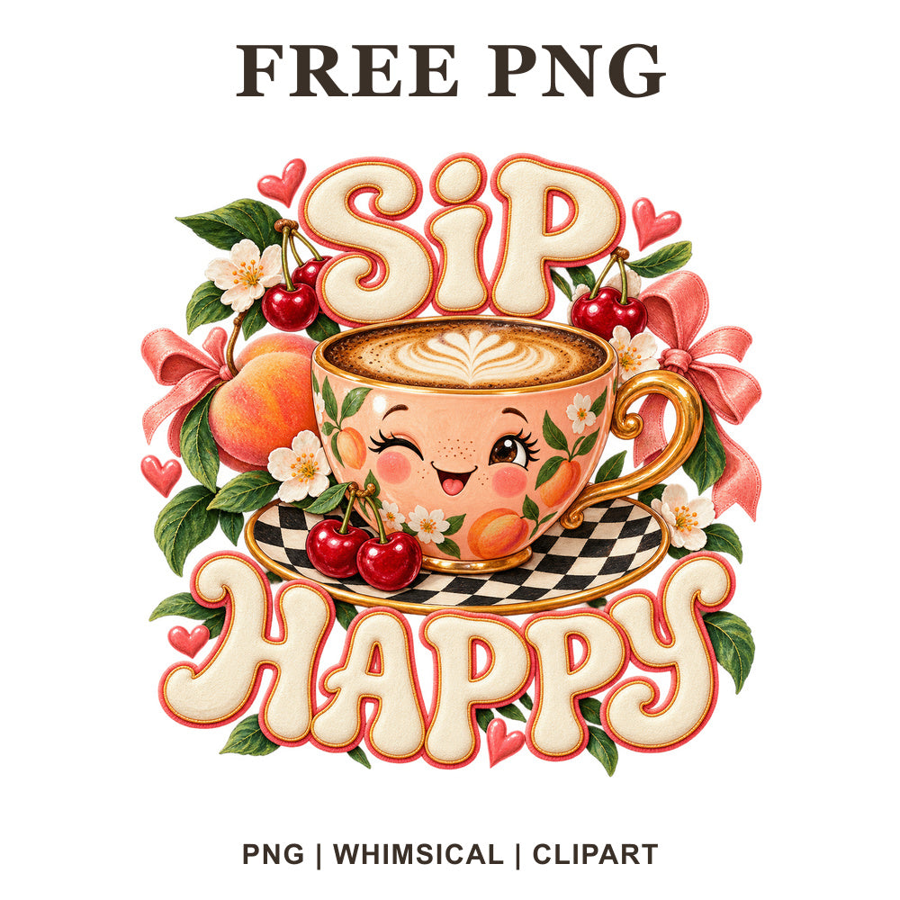 Winking latte art coffee cup with cherries, peaches, pink bows and Sip Happy retro lettering, free coffee PNG