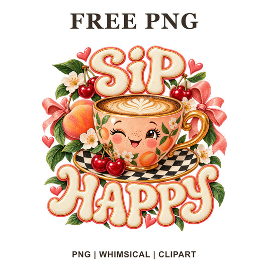 Winking latte art coffee cup with cherries, peaches, pink bows and Sip Happy retro lettering, free coffee PNG