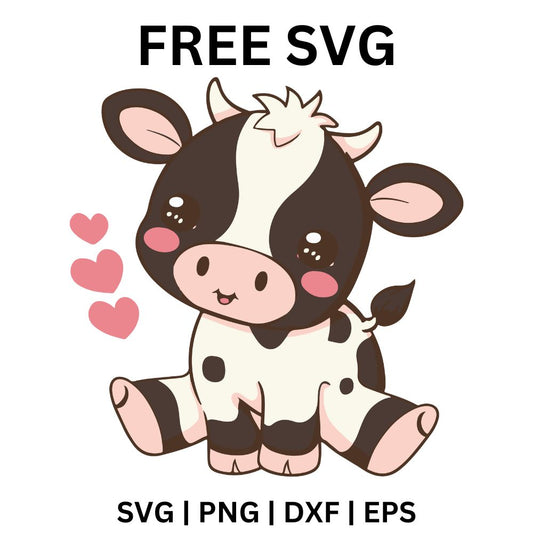 Cute sitting baby cow with brown spots, pink cheeks and pink hearts floating beside it, free love cow SVG cut file preview.