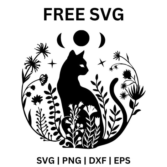 Black sitting cat silhouette among wildflowers and sparkles under a row of moon phases, free celestial cat SVG cut file preview.
