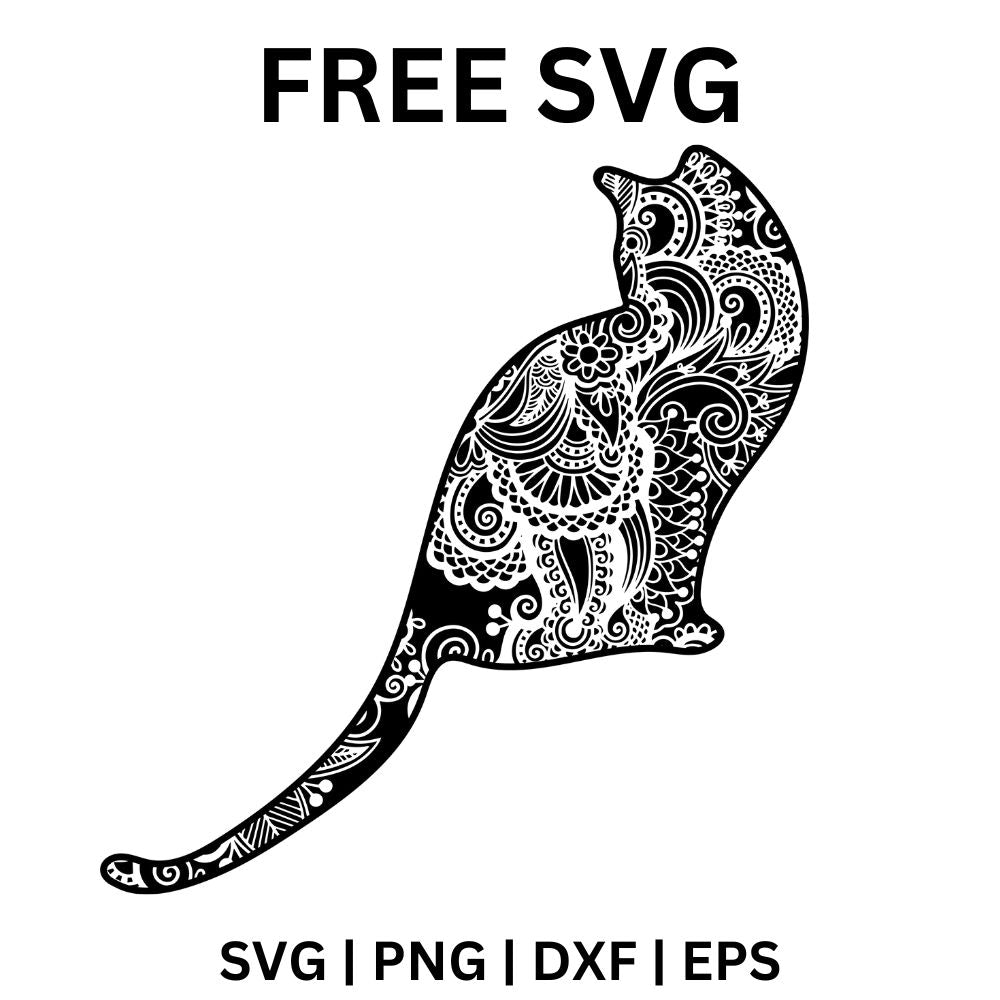 Black sitting cat silhouette seen from behind filled with white paisley mandala patterns and a long curled tail, free mandala cat SVG cut file preview.