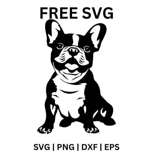 Black and white French bulldog sitting forward with large bat ears and a white chest patch, free French bulldog SVG cut file preview.